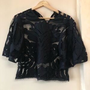 ZARA Black Lace Net Capelet Short Sleeve Sheer Relaxed Crop Top Blouse